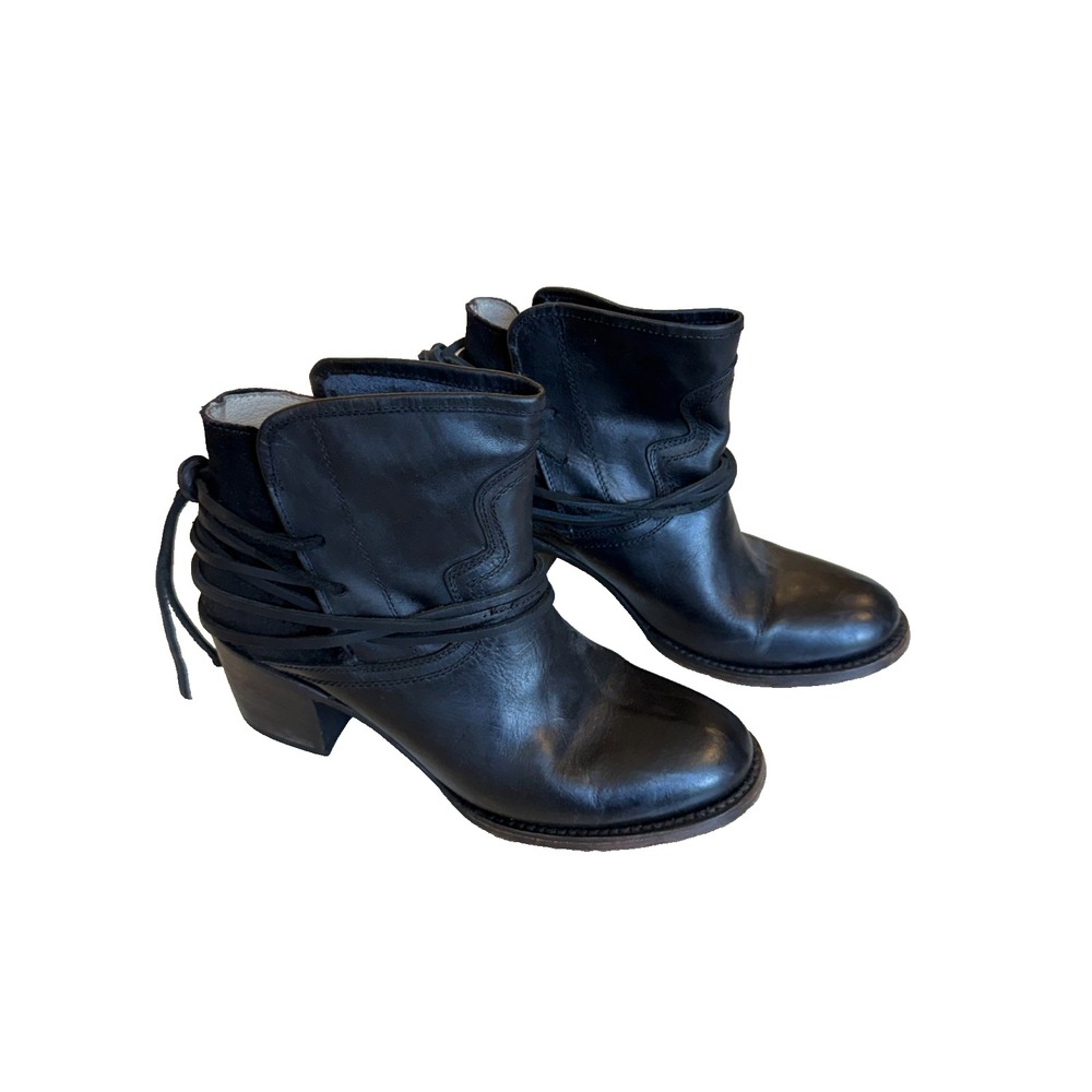 FREEBIRD by Steven CASEY Womens Sz 9 Black Ankle Leather Boots Laces Chunky Heel